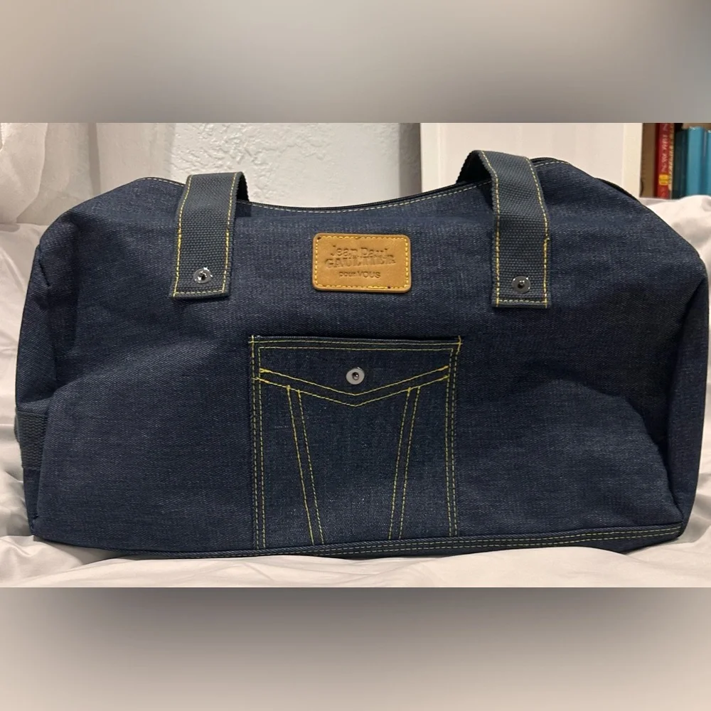 Jean Paul Gaultier pour Vous denim weekend duffel bag with adjustable strap